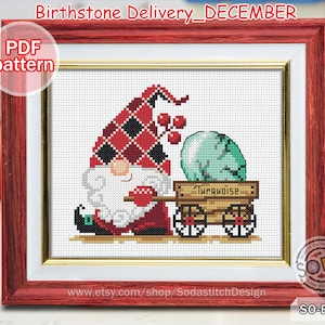 DECEMBER Birthstone Delivery Gnome Terquoise Cross Stitch Pattern pdf Fairy Elf Pixie Sprite download,SO-BS32 &#39;Birthstone Delivery_DECEMBER&#39;