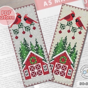Lesezeichen Kreuzstich Muster pdf Weihnachten Winter Kardinal Sofort Download Zählvorlage,SO-BM22 'Verschneiter Winter'