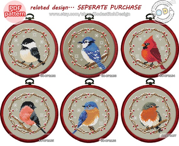 三面掛け飾り　縁起物？ Cross Stitch Pattern Pdf Winter Birds Christmas Hoop