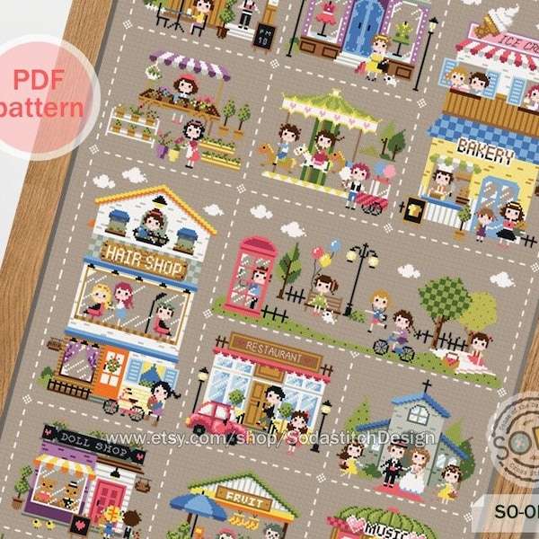 Cross Stitch Pattern pdf,Modern Cute Shop Home Counted Instant Download,SO-OPK8 'Mini Village'