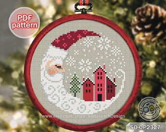 Patrón de punto de cruz en PDF para adorno navideño de árbol de invierno, SO-OP2327 'Pueblo de Papá Noel'