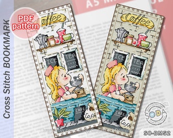 Patrón de punto de cruz en PDF: Marcapáginas de lectura, café, moderno, SO-BM52 'CAFETERÍA'
