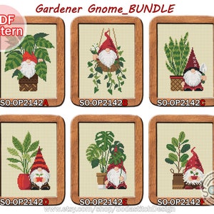 May include: Six cross-stitch patterns featuring gnomes with different plants. The patterns are labeled with the letters A through F and the code SO-OP2142.