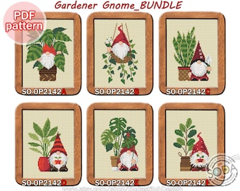 Patrón de punto de cruz en PDF Hada Elfo Plantas Vegetación Moderna, SO-OP2142 'Gnomo Jardinero_BUNDLE'