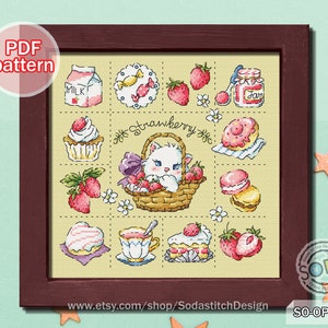 Cross Stitch Pattern pdf Cats Kitty Kitten Sampler Cute Animal Modern Instant pdf Download Counted,SO-OP3250 &#39;Strawberry Cat&#39;