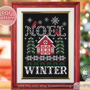 Cross Stitch Pattern pdf Noel Christmas Winter Snow Tree Cardinal for Beginner Modern Counted Instant Download,SO-OP2175 &#39;NOEL WINTER&#39;