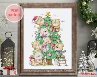 Cross Stitch Pattern pdf Merry Christmas Teddy Winter Holiday Modern, SO-OPG148 'Tree Bear'
