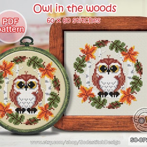 Cross Stitch Pattern pdf Owl Hoop Cute Animal Tiny Simple Easy for Beginner Digital Chart Grid Scheme download,SO-OP2146 'Owl in the woods'