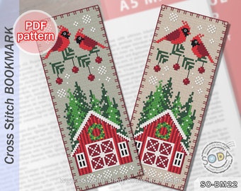 Bookmark Cross Stitch Pattern pdf Christmas Winter Cardinal Instant Download Counted Chart Grid Scheme,SO-BM22 'Snowy Winter'