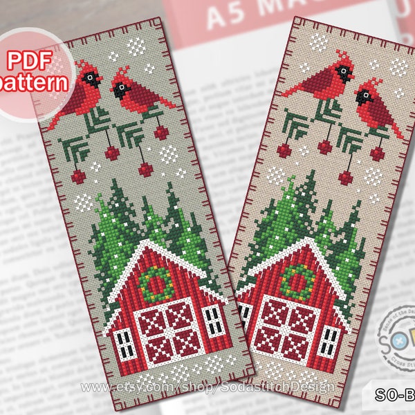 Bookmark Cross Stitch Pattern pdf Christmas Winter Cardinal Instant Download Counted Chart Grid Scheme,SO-BM22 'Snowy Winter'