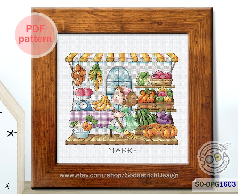 May include: Cross stitch pattern of a girl shopping at a market. The market is a small building with a striped awning and a window. The girl is holding a broom and there are many fruits and vegetables on display. The text "MARKET" is below the building.