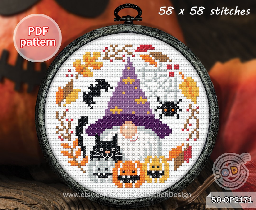 Halloween Cross Stitch Pattern Pdf Autumn Fall Gnome Witch
