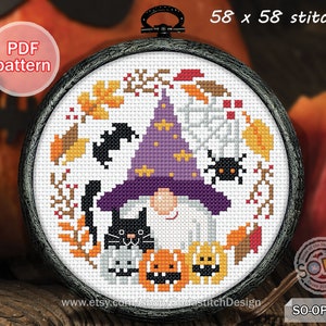 Halloween Cross Stitch Pattern pdf Autumn Fall Gnome Witch Spooky Small Easy Simple Modern for Beginner,SO-OP2171 'Halloween Friends'