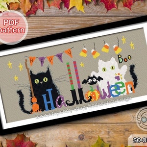 Cross Stitch Pattern pdf Halloween Cats Fun Easy Funny Cute Modern Instant download,SO-OP132 &quot;Halloween and Black Cats&quot;