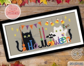 Cross Stitch Pattern pdf Halloween Cats Fun Easy Funny Cute Modern Instant download,SO-OP132 &quot;Halloween and Black Cats&quot;