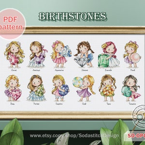 Geboortesteen kruissteekpatroon pdf Jewl Gem Chart Rasterschema Eenvoudige digitale download, SO-OPG138 'Birthstones'