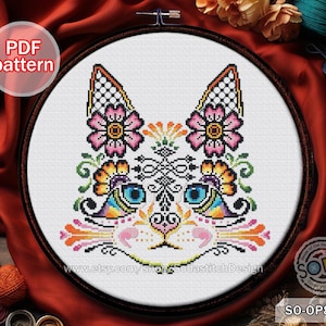 Modèle de point de croix chat moderne, grille de point de croix, modèle de point de croix compté, téléchargement instantané de PDF, SO-OP83 « HENNA Cat »