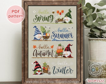 Patrón de punto de cruz en PDF Gnomo Hada Elfo Moderno, SO-OP2122 'hola Cuatro Estaciones'