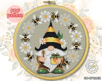 Cross Stitch Pattern pdf Gnome Fairy Elf Pixie Bee Flower Wreath Hoop,SO-OP2162 'Honeybee Gnome'