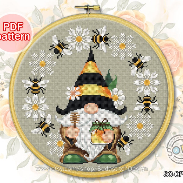 Cross Stitch Pattern pdf Gnome Fairy Elf Pixie Bee Flower Wreath Hoop,SO-OP2162 'Honeybee Gnome'