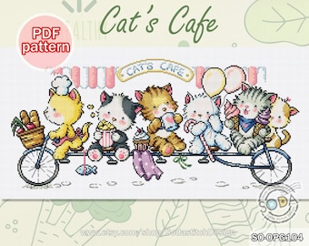 May include: Cross stitch pattern featuring a group of cats riding a bicycle with a sign that says "Cat's Cafe". The cats are wearing different outfits and holding various items, such as a cupcake, a lollipop, and a basket of fruit.