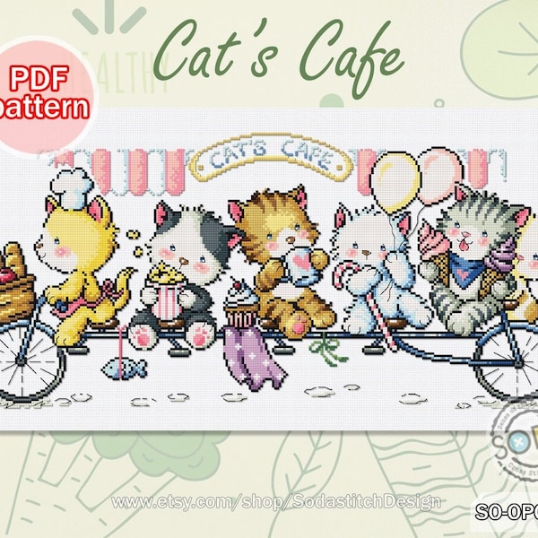 Cross Stitch patroon pdf katten Kitty Kitten schattige dieren moderne Instant pdf downloaden geteld, SO-OPG104 'Cat's Cafe'