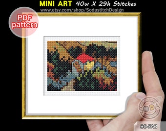 by Van Gogh,Mini Cross Stitch Pattern pdf Famous Paintings Art Masterpiece Artwork,SO-FA3 'Landscape with House and Ploughman by Van Gogh'