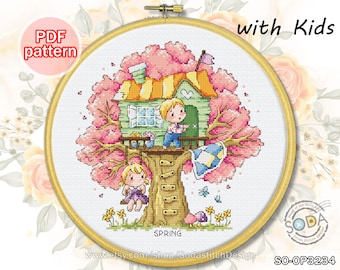 Cross Stitch Pattern pdf Tree  house Spring Four Seasons modern instant pdf download counted chart,SO-OP3234 'Treehouse of Spring'