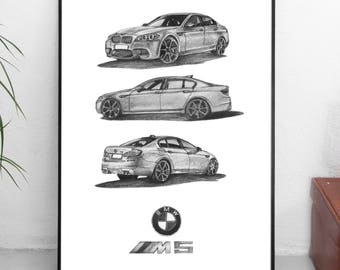 BMW M5 (2014) - poster #4 - print A3/A2 - pencil work, handmade / wall art / car gift / BMW gift