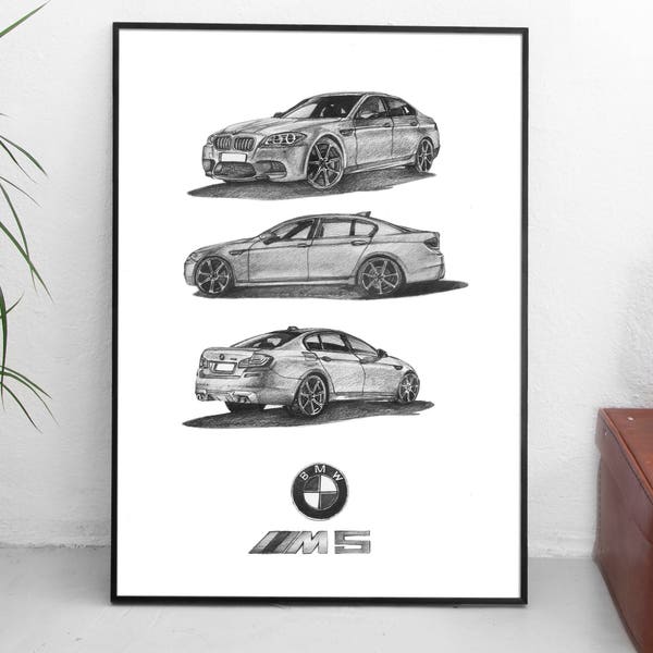 BMW M5 (2014) - poster #4 - print A3/A2 - pencil work, handmade / wall art / car gift / BMW gift