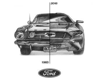 Ford Mustang (1965/2018) - poster #3 - square print - pencil work, handmade / wall art / car gift / Ford gift