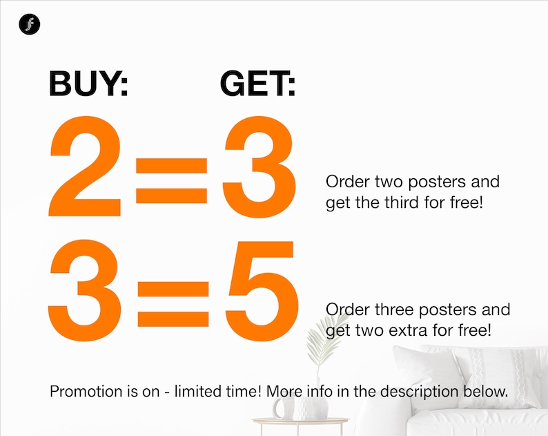 May include: Orange text on a white background with the words "BUY:" and "GET:" followed by mathematical equations. The first equation is "2=3" and the second equation is "3=5". Below each equation is a description of the promotion. The first description says "Order two posters and get the third for free!" and the second description says "Order three posters and get two extra for free!" The text at the bottom of the image says "Promotion is on - limited time! More info in the description below."