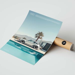 May include: A white Porsche 930 sports car parked next to a swimming pool. The car is in front of a modern house with a palm tree in the yard. The sky is blue and the pool water is turquoise.