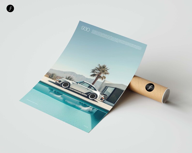 May include: A white Porsche 930 sports car parked next to a swimming pool. The car is in front of a modern house with a palm tree in the yard. The sky is blue and the pool water is turquoise.