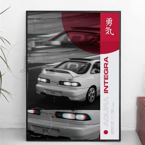Puede incluir: Póster enmarcado con un coche Acura Integra blanco en una foto en blanco y negro con detalles en rojo. El póster incluye el texto "ACURA INTEGRA" y caracteres japoneses. El coche se muestra desde la parte trasera.