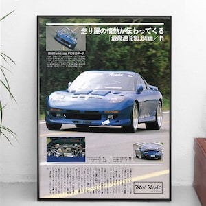 May include: A blue Mazda RX-7 sports car with a black spoiler and a black and white "Righe" sticker on the windshield. The car is on a road with trees in the background. The text "走り屋の情熱が伝わってくる" and "最高速 293.84km/h" is visible in the image. The text "田村Samstag FD3Sデータ" is also visible in the image.