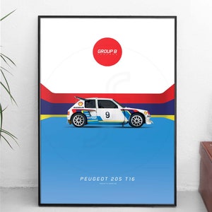 Peut inclure: Une voiture de rallye Peugeot 205 T16 blanche avec une livrée rouge, blanche et bleue. La voiture porte un grand numéro "9" sur le côté et est étiquetée "GROUP B LEGENDS".