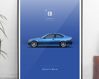World Paint Colours - BMW M3 E36 - Estoril Blue - All sizes! poster / wall decor / art / colors / car / minimal / automotive / german / de