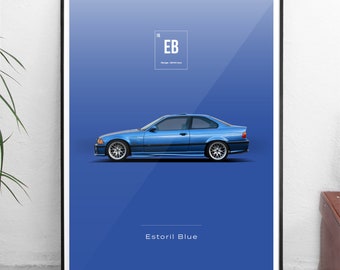 World Paint Colors - BMW M3 E36 - Estoril Blau - Alle Größen! Poster / Plakat / Wanddeko / Kunst / Farben / Auto / Metall / retro / de