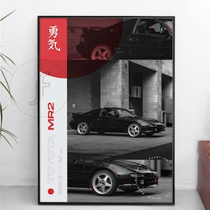 Può includere: Un poster in bianco e nero con un cerchio rosso e testo che dice "TOYOTA MR2" e "GENERATION = SW20 PRODUCTION = 1989-1999". Il poster presenta un'auto sportiva Toyota MR2 nera da diverse angolazioni e un carattere giapponese rosso che si traduce in "spirito".