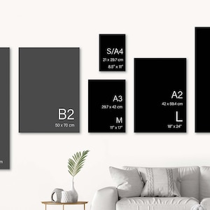 May include: A comparison of different sizes of prints, labeled with their dimensions in centimeters and inches. The sizes are S/A4, A3, A2, A1, B1, and B2.