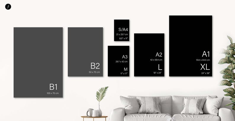 May include: A comparison of different sizes of prints, labeled with their dimensions in centimeters and inches. The sizes are S/A4, A3, A2, A1, B1, and B2.