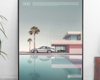 May include: A black and white poster with the text "996" in the top left corner. The poster features a silver Porsche 996 parked in front of a modern, minimalist house with a swimming pool. Palm trees are in the background.