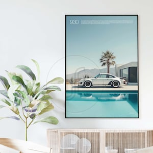 May include: A black and white poster featuring a white Porsche 930 driving past a swimming pool in a desert landscape. The poster has the text "930" in the top left corner.