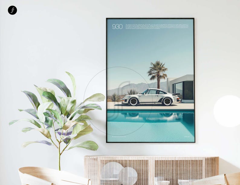 May include: A black and white poster featuring a white Porsche 930 driving past a swimming pool in a desert landscape. The poster has the text "930" in the top left corner.
