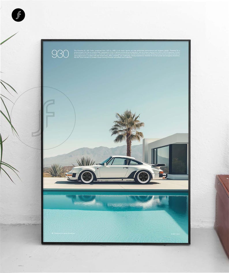 May include: A white Porsche 911 Turbo parked in front of a modern house with a swimming pool. The car is surrounded by desert landscape and a palm tree. The text "930" is displayed in the top left corner of the image.