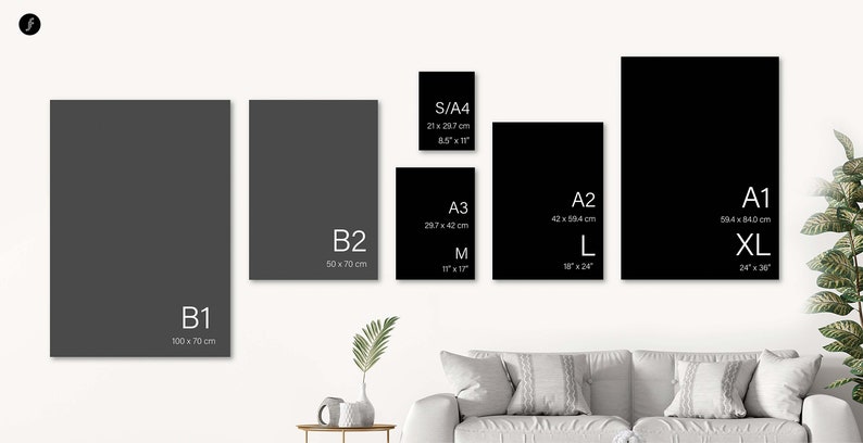 K&ouml;nnte beinhalten: Eine Wandanzeige mit verschiedenen Gr&ouml;&szlig;en von schwarzen und grauen gerahmten Drucken. Die Gr&ouml;&szlig;en sind mit den folgenden Ma&szlig;en gekennzeichnet: B1 100 x 70 cm, B2 50 x 70 cm, S/A4 21 x 29,7 cm, A3 29,7 x 42 cm, A2 42 x 59,4 cm, A1 59,4 x 84,0 cm.
