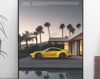 May include: A yellow Porsche 911 Carrera Coupe sports car parked in front of a modern house with a swimming pool. The car is surrounded by palm trees and the text "992" is displayed in the top left corner of the image.