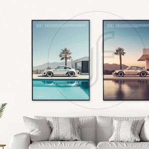 May include: Two framed posters of a classic Porsche 930, one in white and one in gold, parked in front of a swimming pool with palm trees and a modern house in the background.
