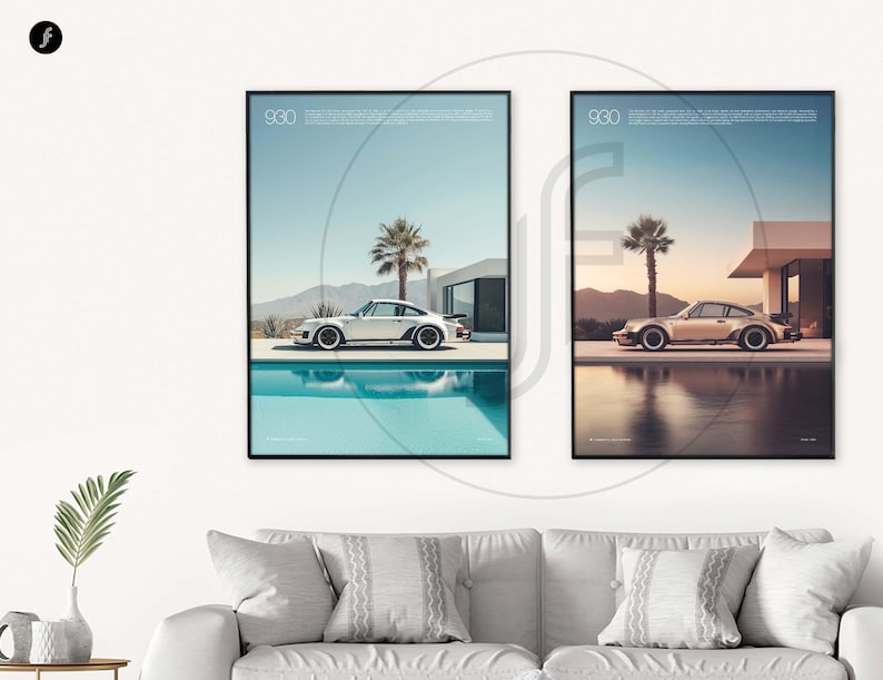 May include: Two framed posters of a classic Porsche 930, one in white and one in gold, parked in front of a swimming pool with palm trees and a modern house in the background.